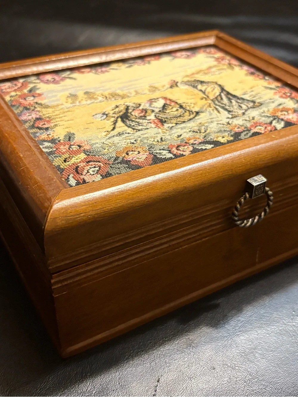 Vintage Wooden Jewelry Box Tapestry Pastoral Ladies Mirror Yellow Velvet Inter.